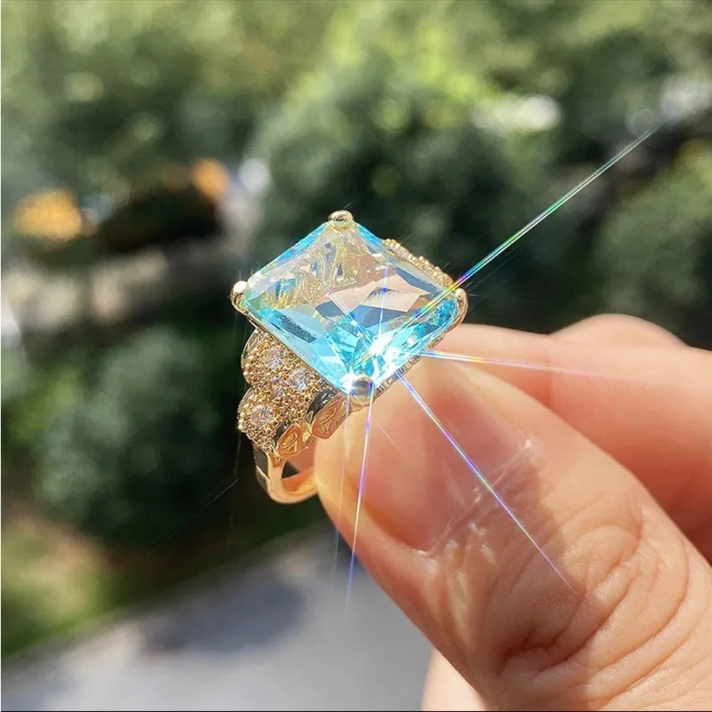 NEW Yellow Gold Plated  Blue Square Ring